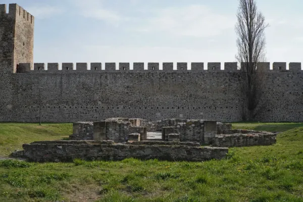 The remains of a sacred complex in Smederevo Fortress, Serbia, in front of a massive stone wall and a tall tree.
