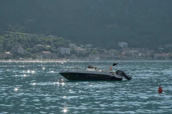 A black and white boat floats on the sunny waters of the Bay of Kotor, with a coastal town and hills in the background.