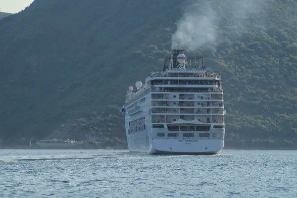 Large cruise ship MSC Armonia departing from the Bay of Kotor, Montenegro.