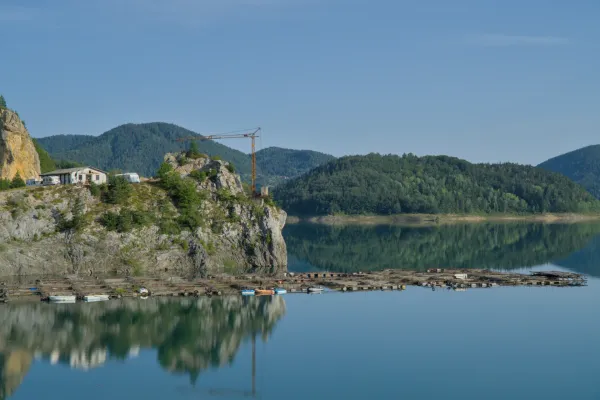 Zaovinsko jezero Srbija u zoru sa mirnom vodom koja odražava zelene planine, idealno za zidni dekor.