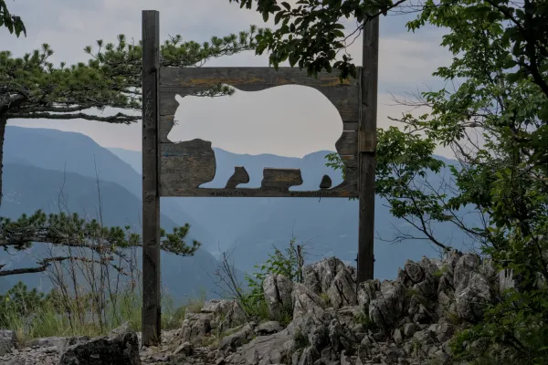 Sculpture en silhouette de bois d'un ours dominant les montagnes dans le Parc National de Tara, Serbie, connu sous le nom de 'Bansska Stena'.