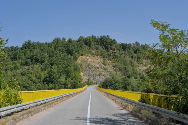 Pont jaune distinctif avec des balustrades jaune vif sur une route asphaltée dans le parc national de Tara, Serbie, entouré d'arbres verts.