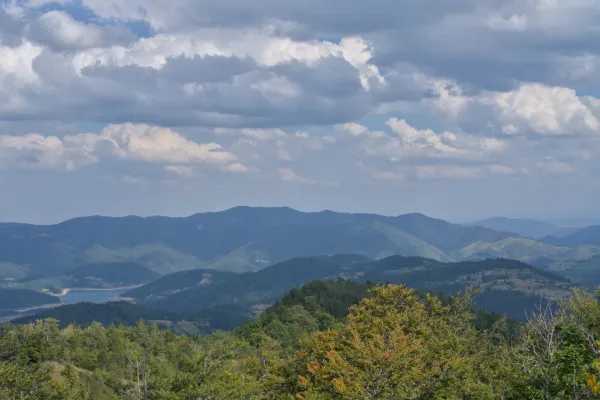 Landscape view of Zaovine Lake and mountains, taken from Yanach Peak in Tara National Park, Serbia.