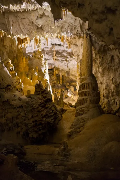 Vanzemaljski podzemni pejzaži Postojnske jame sa stalaktitima i stalagmitima u toplom svetlu.
