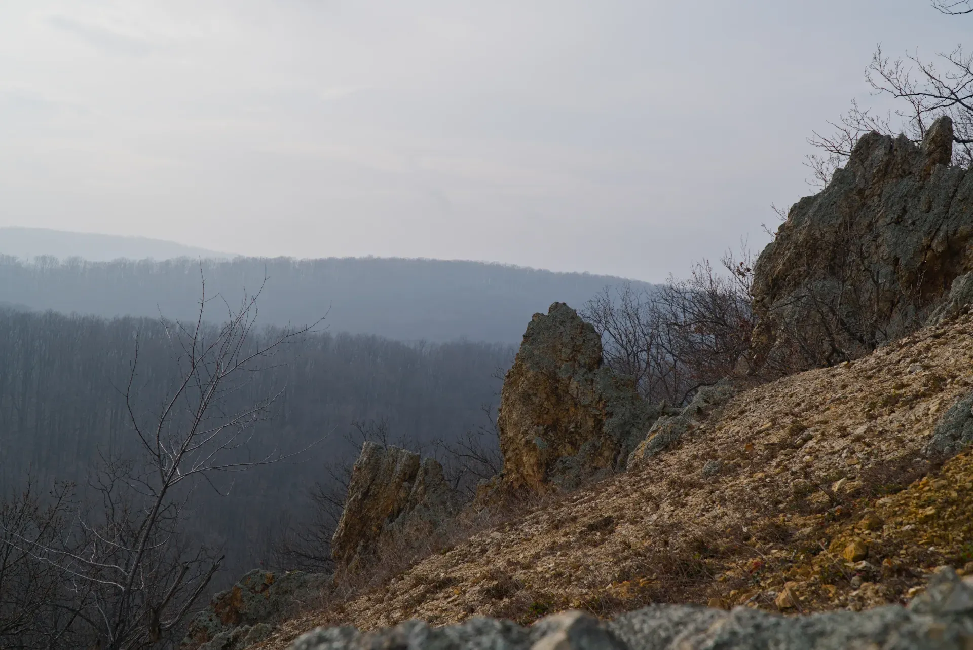 "Orlove Stene" na Fruškoj Gori, Srbija, sa kamenitim terenom i šumovitim brdima u daljini.