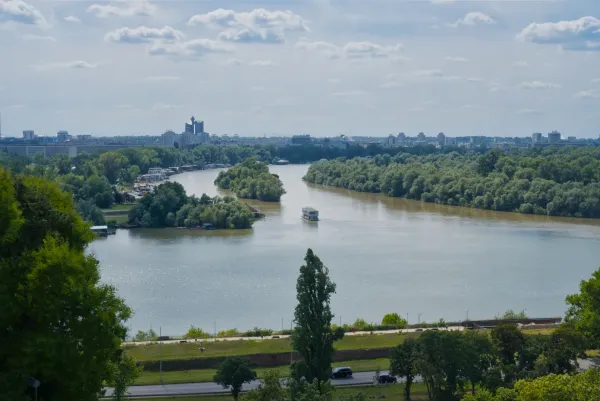 View of the Sava and Danube river confluence with the silhouette of New Belgrade on the horizon, as a perfect art print.