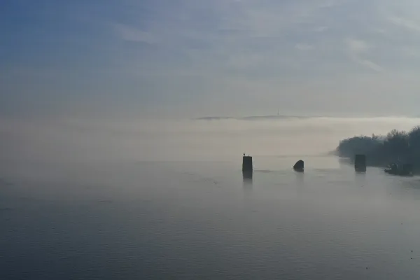 Nebel über der Donau, Blick von der Varadiner Brücke, grauer Nebel, Wasser.