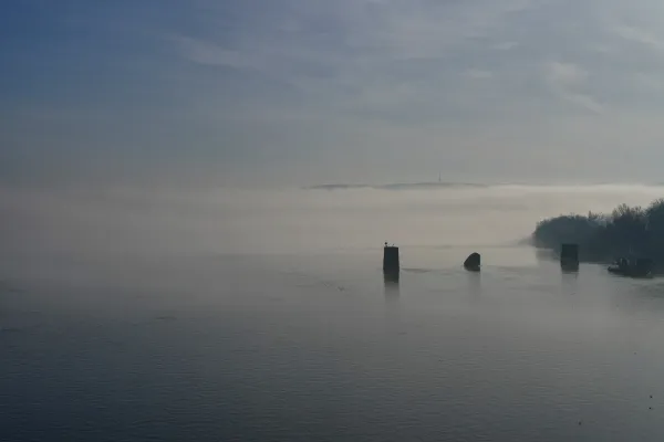 Donau im Nebel, Blick von der Varadiner Brücke, Novi Sad, Serbien.