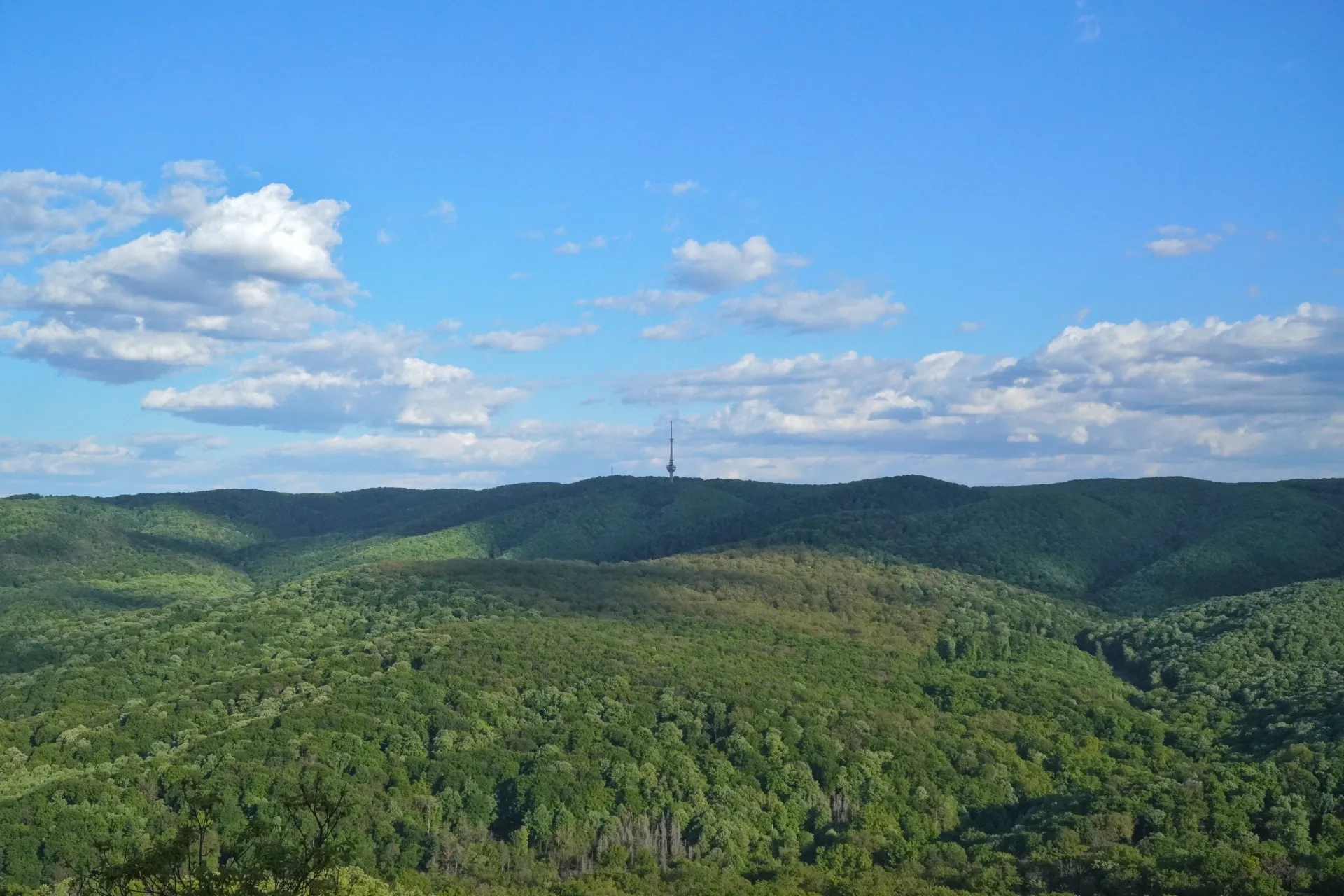 View of the TV tower from Orlov Brijeg, showing rolling green hills and a blue sky with clouds.