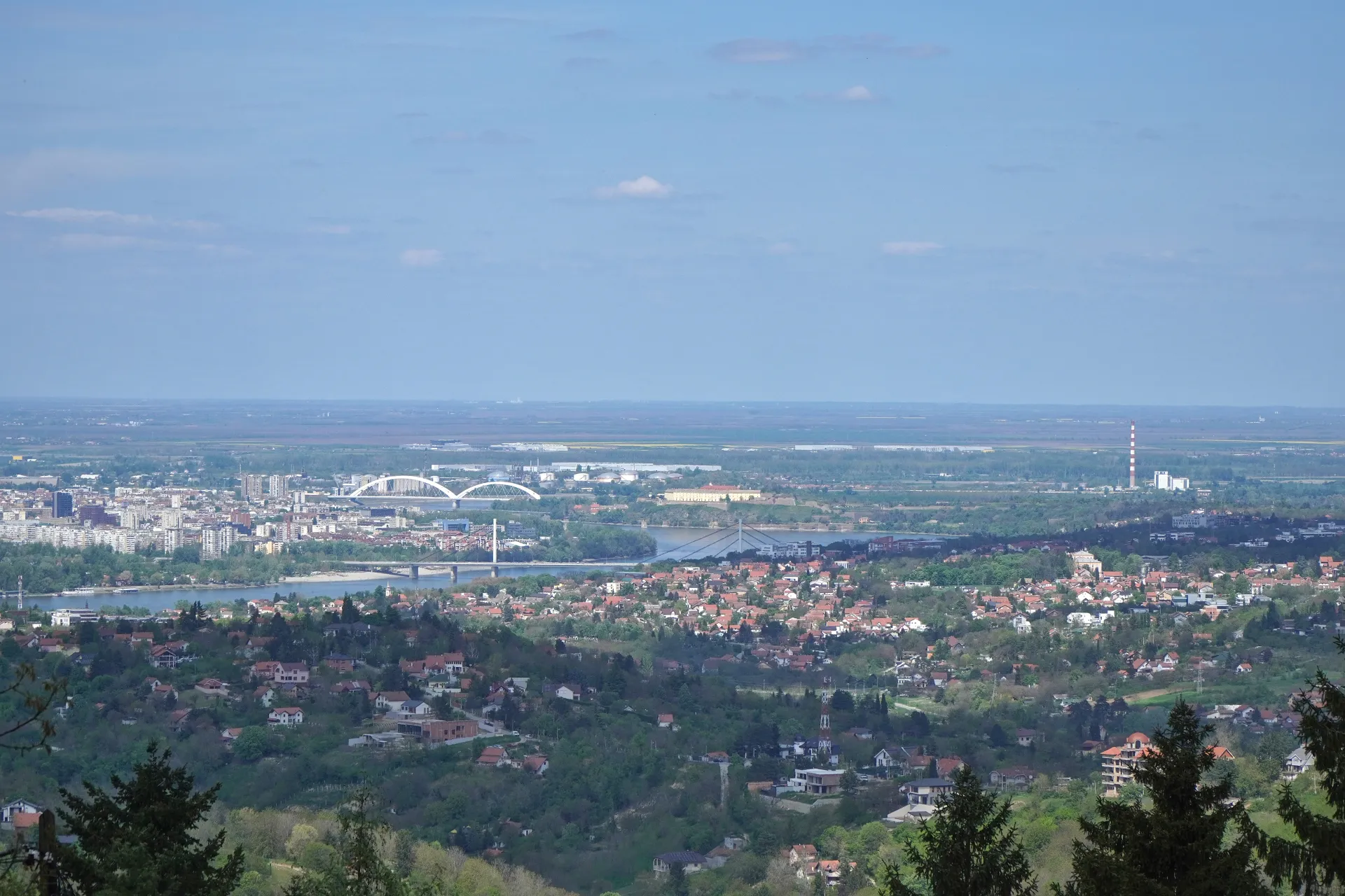 Širok panoramski pogled sa planine Fruška Gora koji prikazuje Sremsku Kamenicu smeštenu na obroncima i grad Novi Sad iza nje, sa rekom Dunav i mostovima između.