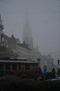 A foggy street in Novi Sad, Serbia, with the tower of the Name of Mary Church visible in the distance and European-style buildings along the street.
