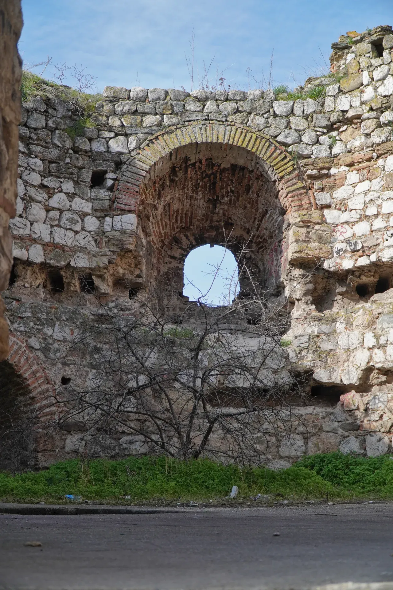 Ancient stone walls of Smederevo Fortress with an open arched window showing the sky, and a bare tree growing in front of it.