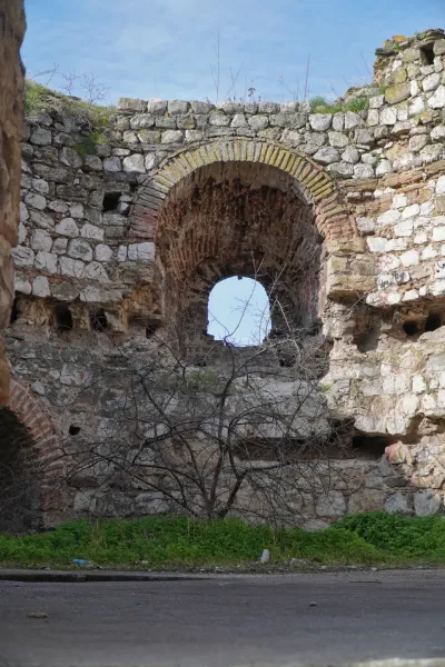 Antiche mura di pietra della Fortezza di Smederevo con una finestra ad arco aperta che mostra il cielo e un albero spoglio che cresce davanti.