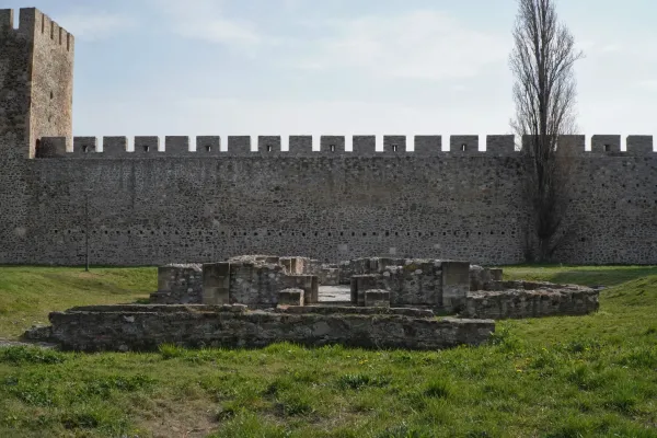 Die Überreste eines Sakralkomplexes in der Festung Smederevo, Serbien, vor einer massiven Steinmauer und einem hohen Baum.