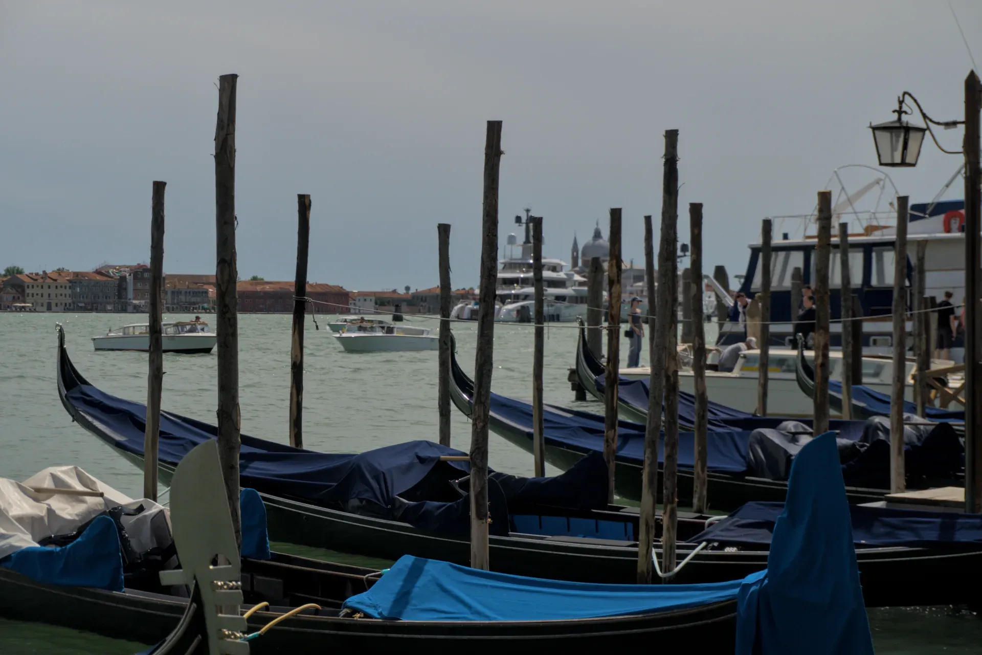 A line of Venetian gondolas, with blue covers, set against the city backdrop and water, with other boats in the background.