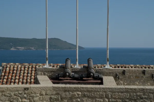 Dos cañones antiguos se alzan sobre un muro de fortaleza de piedra con vistas al mar azul y la costa verde bajo un cielo despejado.