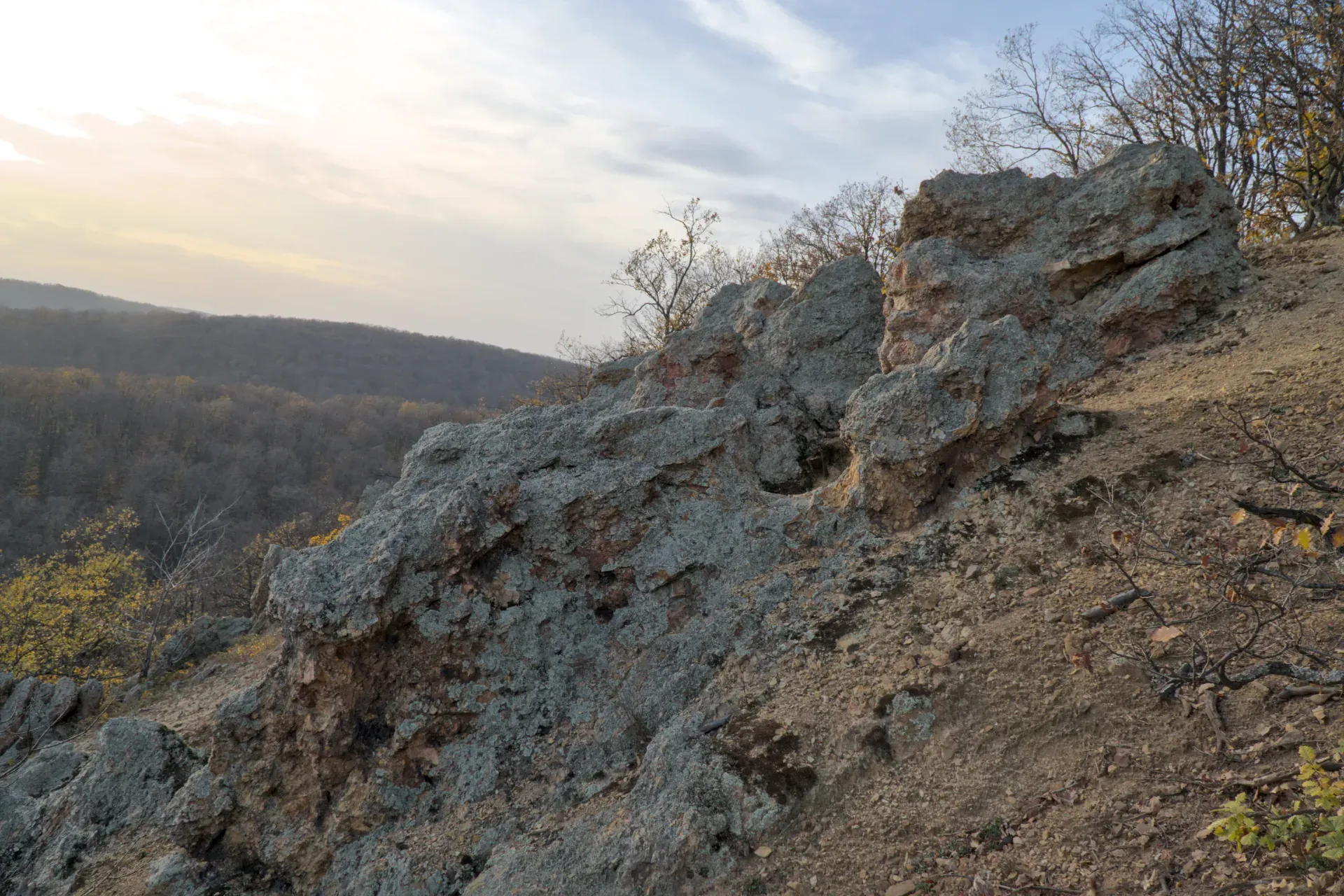 The imposing rocks of Orlove Stene on Fruška Gora, Serbia, at sunset.
