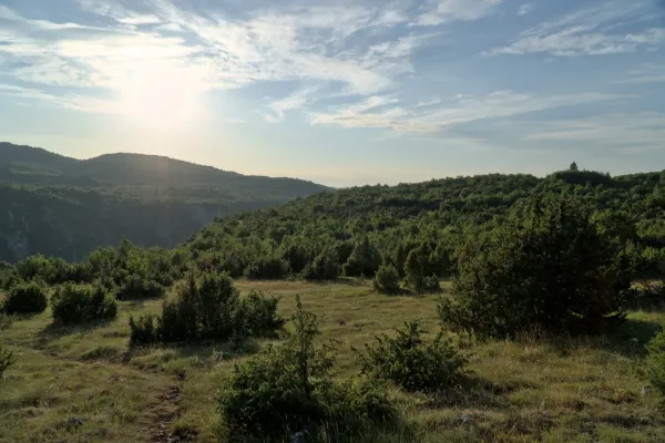 Jutarnje svetlo nad zelenim brdima i kanjonima Uvca, Srbija.