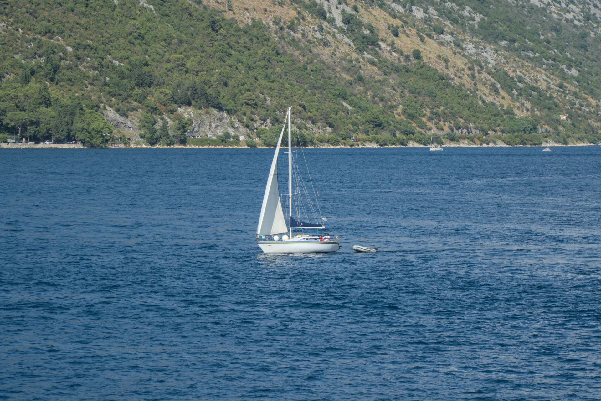 Un voilier navigue sur la mer dans la baie de Kotor, Monténégro, avec des montagnes vertes en arrière-plan.