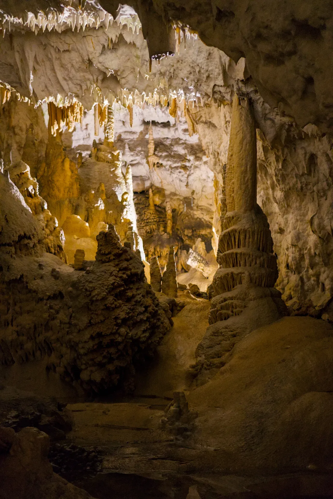 Paisajes subterráneos de otro mundo de la Cueva de Postojna con estalactitas y estalagmitas en luz cálida.