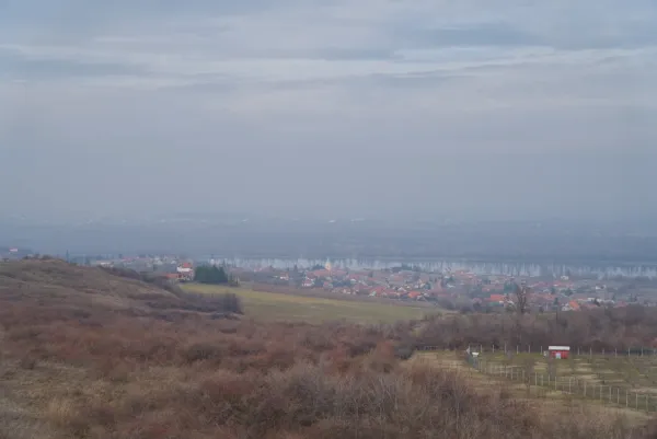 Maglovito februarsko jutro nad Dunavom kod Čerevića, Novi Sad, Srbija sa pogledom na selo.