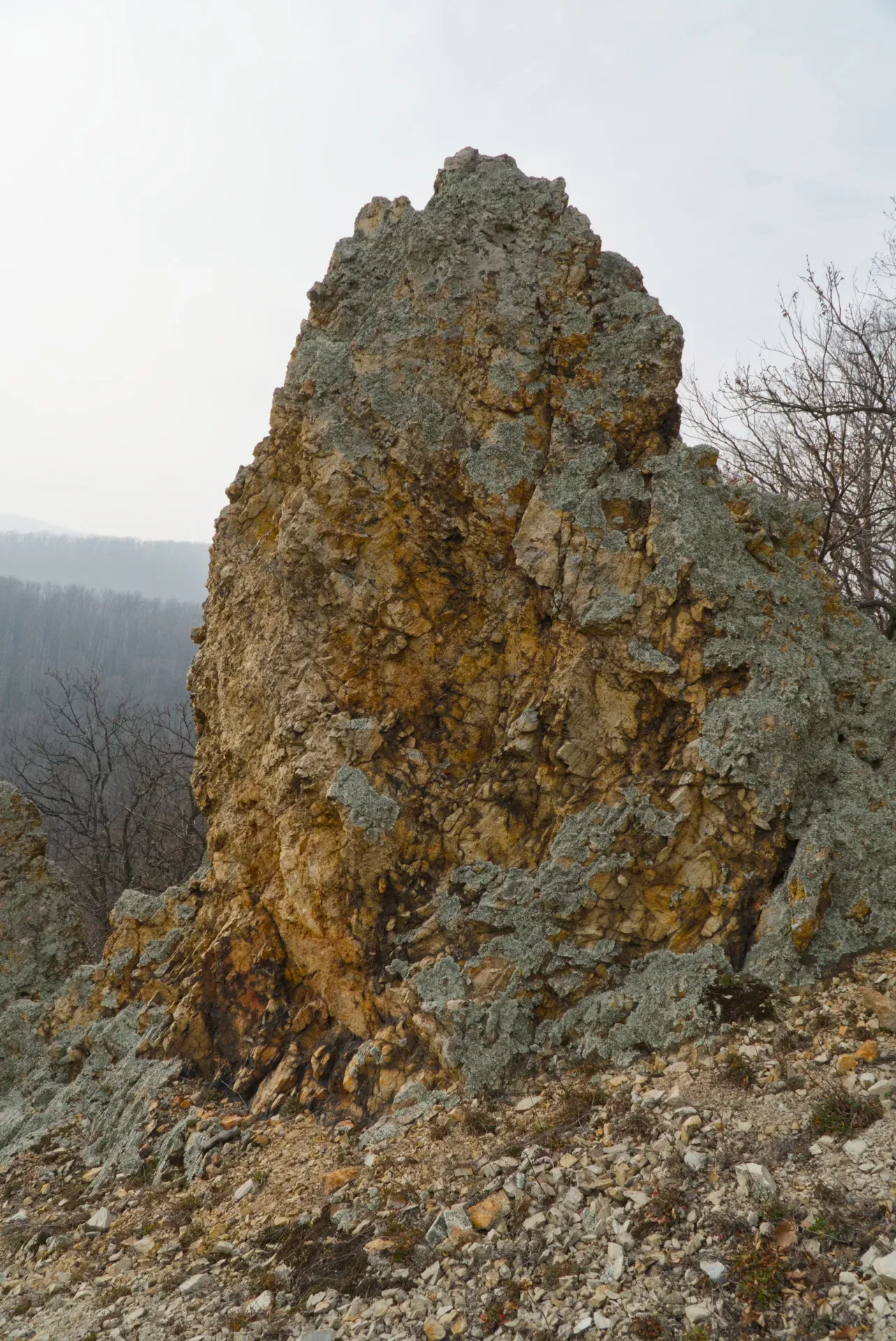 Orlov Rocks formation in Fruska Gora, Serbia, during late winter, with a backdrop of trees and sky.
