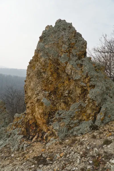 Formacija Orlovih stena na Fruškoj gori, Srbija, krajem zime, sa drvećem i nebom u pozadini.