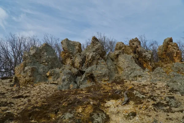 Орловы скалы на Фрушка-Горе, Сербия, с драматичными скальными образованиями и голыми деревьями на заднем плане.