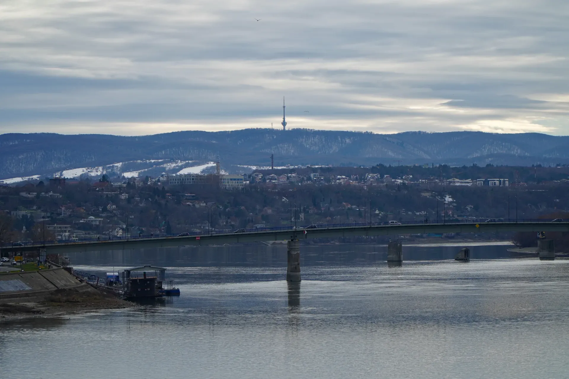 View of Fruška Gora and Varadin Bridge from Žeželj Bridge, perfect for galleries and prints.