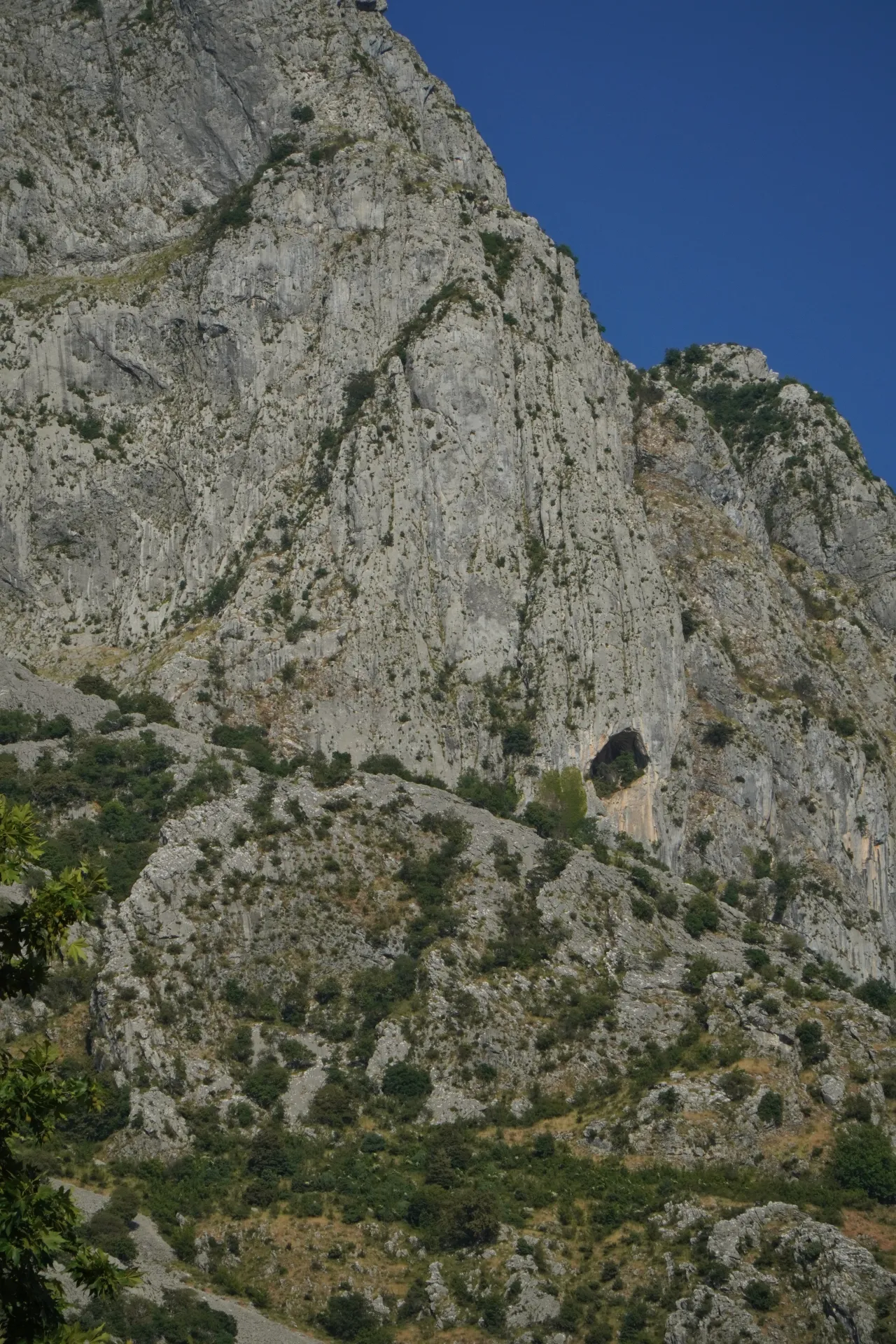 Strma, teksturirana siva planina sa malim tamnim otvorom pećine i razbacanim zelenim žbunjem pod jarko plavim nebom u Kotoru, Crna Gora.