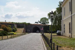 A cobblestone road leads to an arched tunnel entrance at Petrovaradin Fortress, with sculptures of running deer on the ramparts above. A light-colored building stands to the right, and a lamppost is in the foreground.