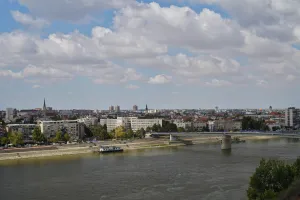 View of Novi Sad, Serbia, with the Danube River in the foreground and the city skyline, including buildings and a bridge, under a cloudy sky.