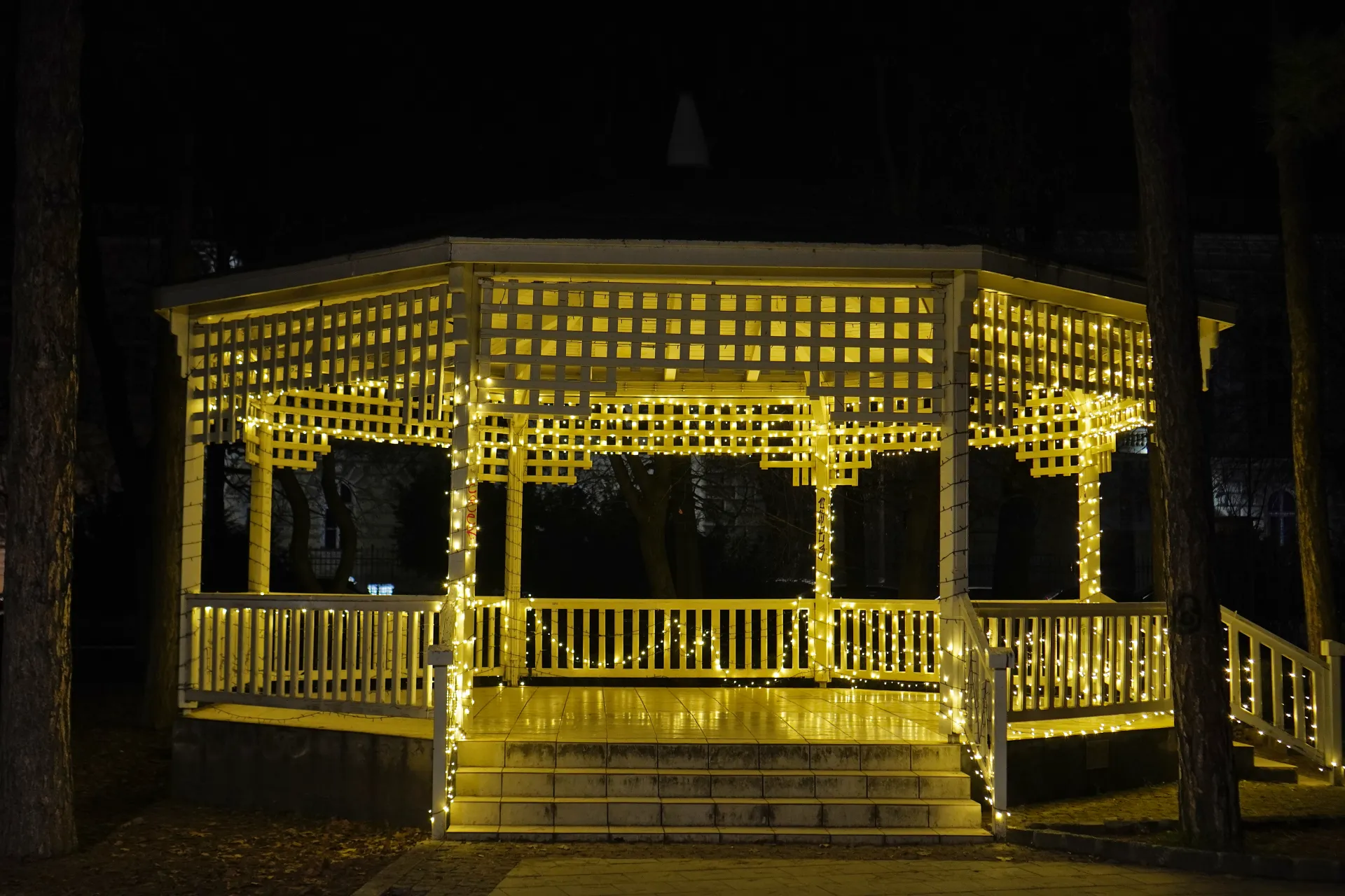 A white gazebo covered in warm yellow string lights at night, with dark trees in the background and steps leading up to it.