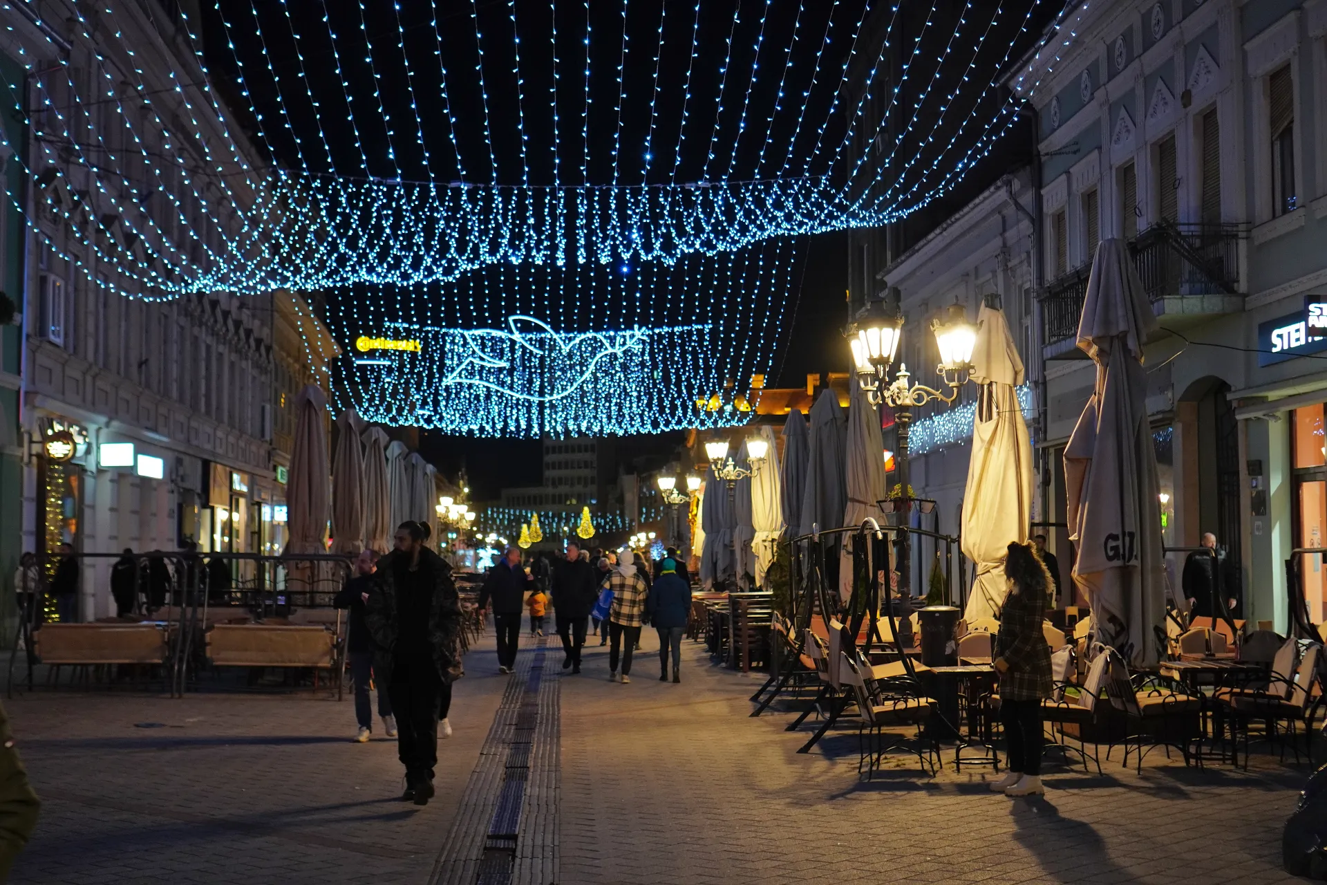 A pedestrian street in Novi Sad, Serbia, decorated with blue fairy lights and a neon bird, with cafes and people walking at night.