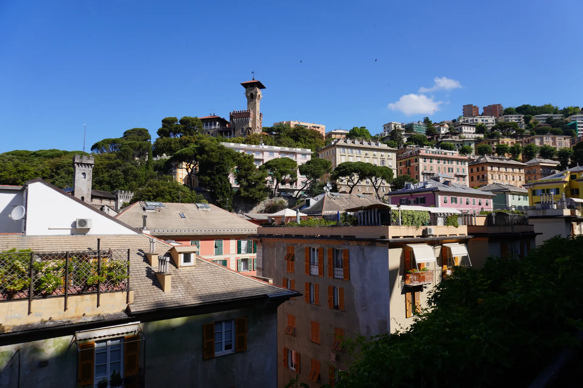 View of colorful buildings and green trees on the hills of Genoa, Italy, with a historic tower in the background under a bright blue sky.