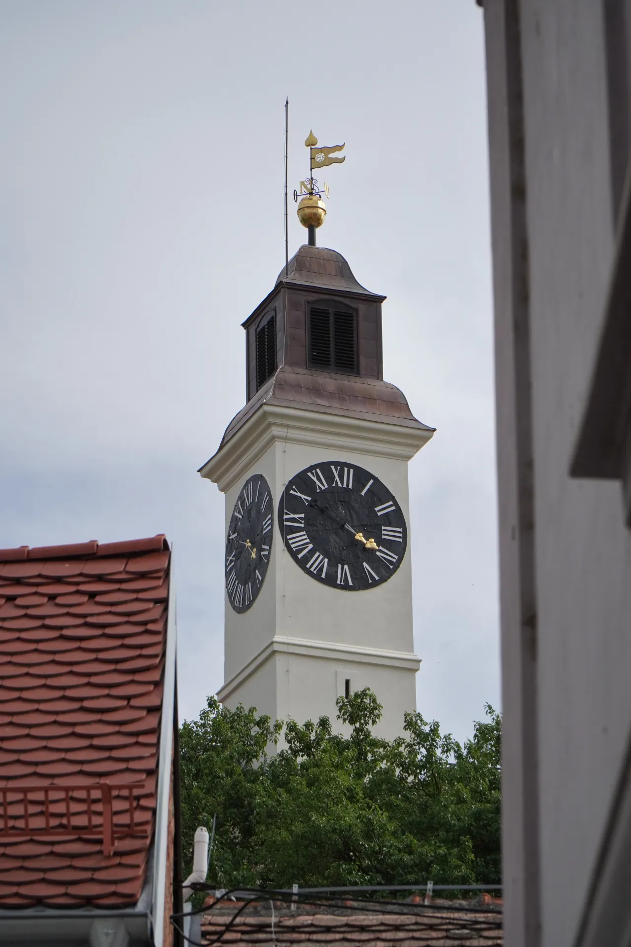Close-up of a white clock tower with large black faces displaying Roman numerals, topped with a weather vane, in Novi Sad, Serbia, with part of a red-tiled roof and green trees in the foreground.