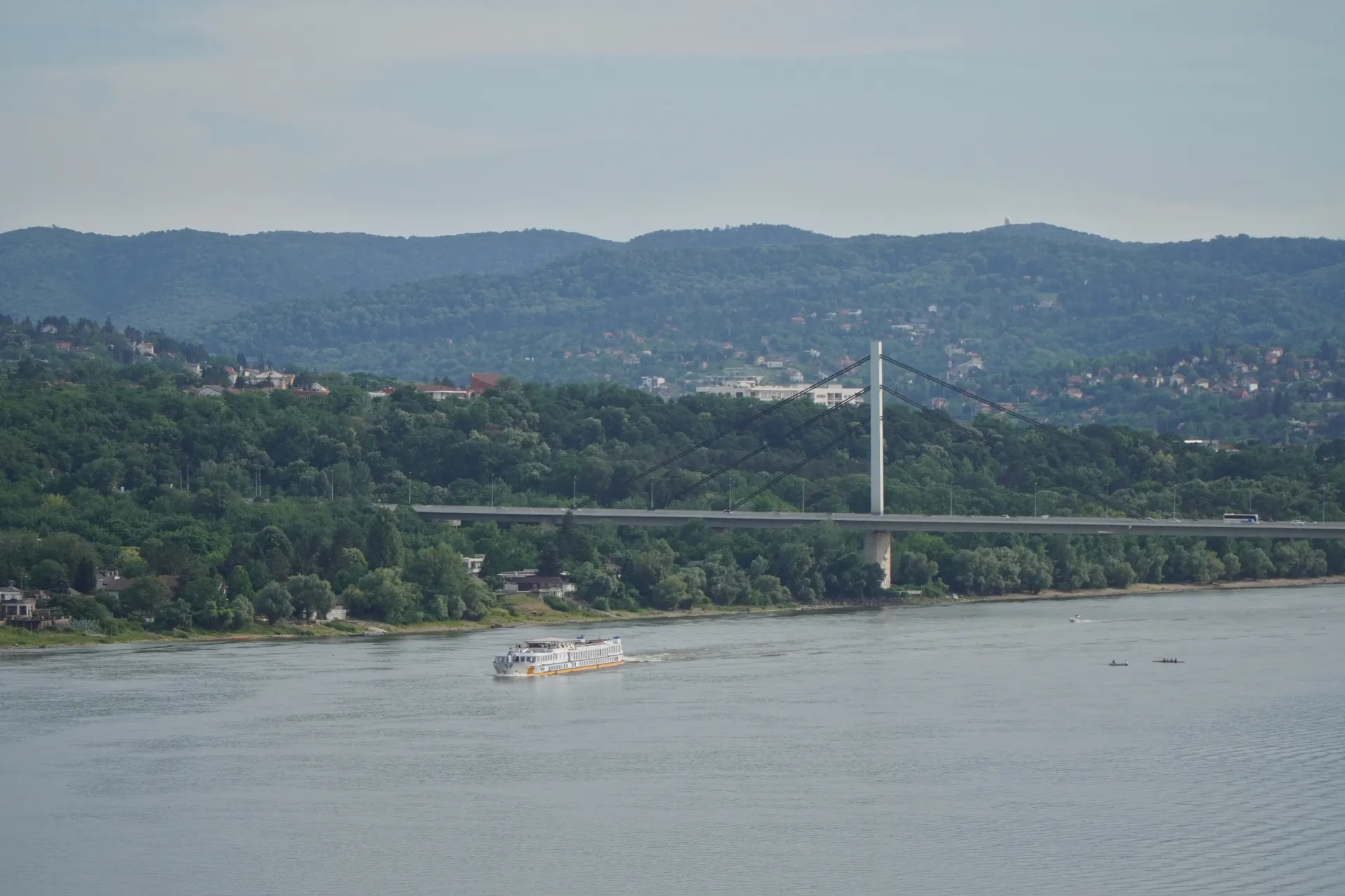 Širok kadar reke Dunav u Novom Sadu, Srbija, sa velikim modernim mostom u pozadini i putničkim brodom koji plovi preko vode u prvom planu. Obala reke je obrubljena drvećem i kućama, sa brdima prekrivenim šumom u daljini.