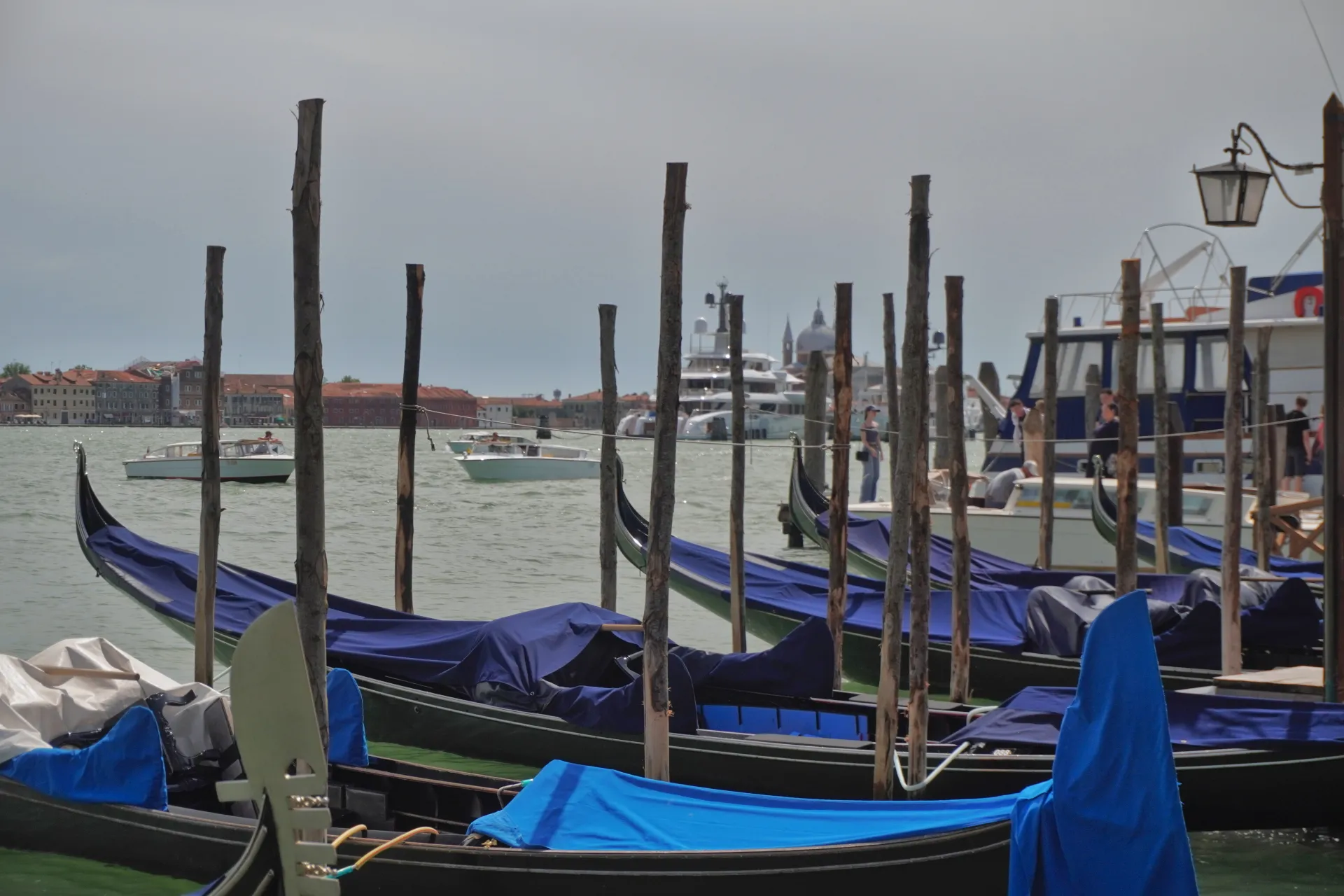A row of traditional Venetian gondolas are moored to wooden poles in a canal, with other boats and the city skyline of Venice visible in the distance.