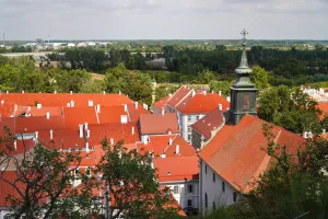 An elevated view of densely packed red-tiled rooftops in Novi Sad, Serbia, with a prominent church steeple rising above the buildings. Green trees and a distant industrial landscape are visible under a partly cloudy sky.